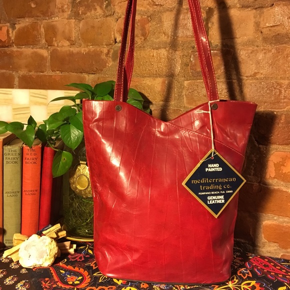 mediterranean trading company Handbags - VTG Hand-painted red leather tote  new with tags